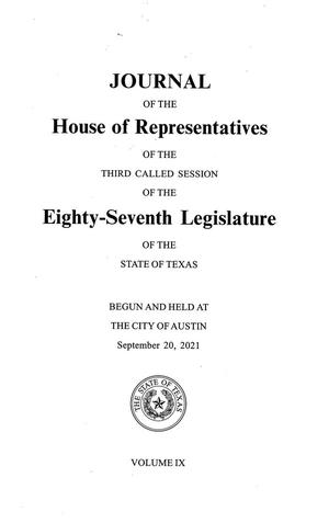 Primary view of object titled 'Journal of the House of Representatives of the Third Called Session of the Eighty-Seventh Legislature of the State of Texas, Volume 9'.