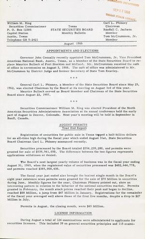 Texas State Securities Board Monthly Bulletin, August 1966
