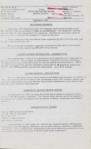 Texas State Securities Board Monthly Bulletin, September 1966