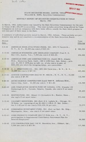 Primary view of object titled 'Monthly Report of Securities Registrations in Texas, March 1962'.