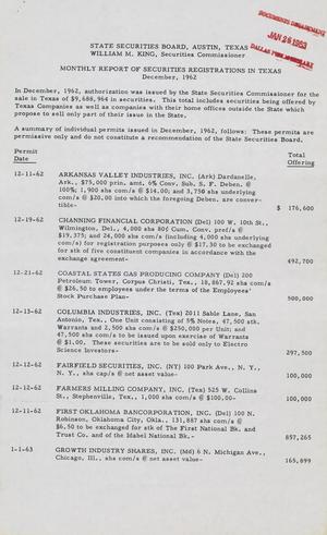 Monthly Report of Securities Registrations in Texas, December, 1962