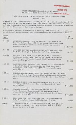 Monthly Report of Securities Registrations in Texas, February 1963