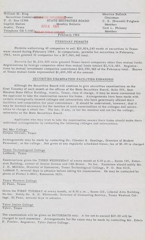 Texas State Securities Board Monthly Bulletin, February 1964