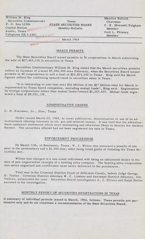 Texas State Securities Board Monthly Bulletin, March 1964