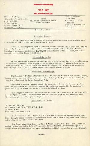 Texas State Securities Board Monthly Bulletin, December 1966