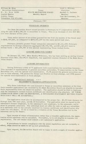 Texas State Securities Board Monthly Bulletin, February 1967