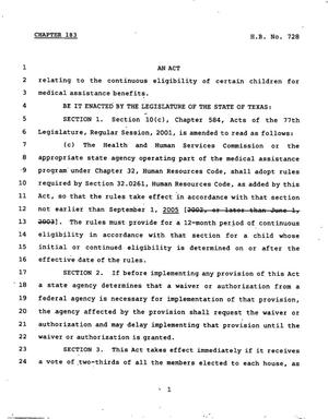 78th Texas Legislature, Regular Session, House Bill 728, Chapter 183