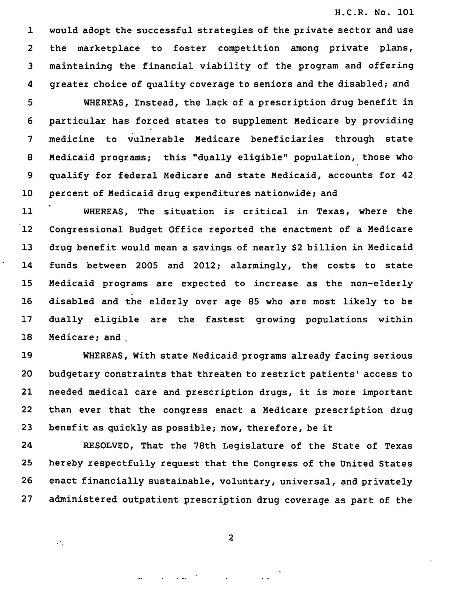 78th Texas Legislature, Regular Session, House Concurrent Resolution 101
                                                
                                                    [Sequence #]: 2 of 4
                                                