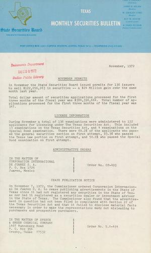 Primary view of object titled 'Texas Monthly Securities Bulletin, November 1972'.