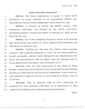Primary view of object titled '78th Texas Legislature, Regular Session, House Concurrent Resolution 118'.