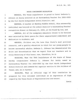 78th Texas Legislature, Regular Session, House Concurrent Resolution 121