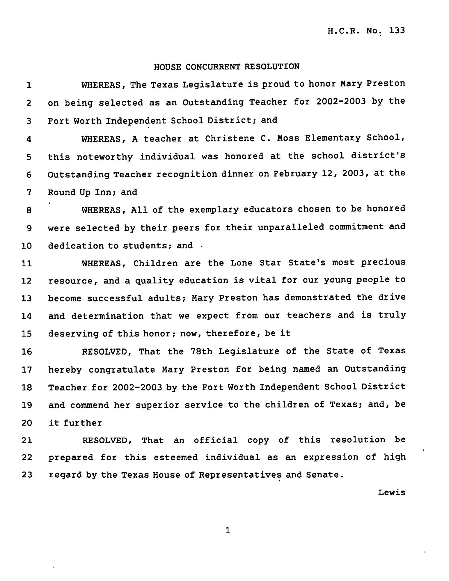 78th Texas Legislature, Regular Session, House Concurrent Resolution 133
                                                
                                                    [Sequence #]: 1 of 2
                                                