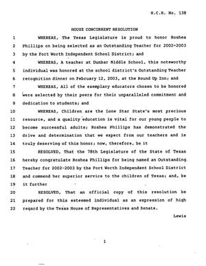 78th Texas Legislature, Regular Session, House Concurrent Resolution 138