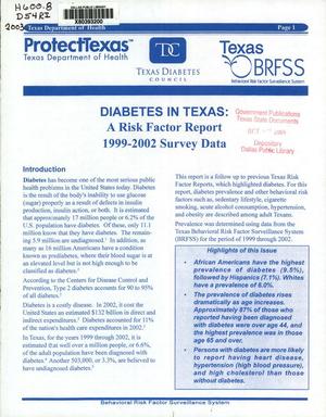 Primary view of object titled 'Diabetes in Texas: A Risk Factor Report 1999-2002 Survey Data'.