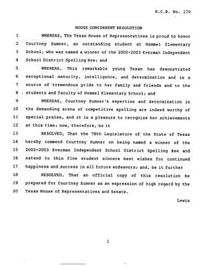 78th Texas Legislature, Regular Session, House Concurrent Resolution 170