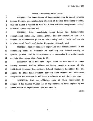 78th Texas Legislature, Regular Session, House Concurrent Resolution 173