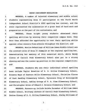 78th Texas Legislature, Regular Session, House Concurrent Resolution 212