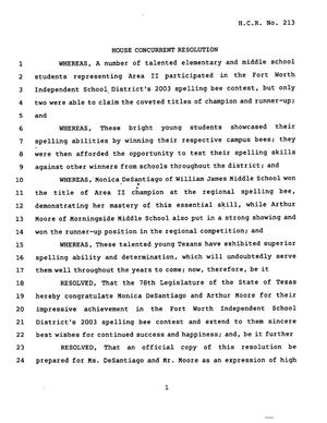 78th Texas Legislature, Regular Session, House Concurrent Resolution  213