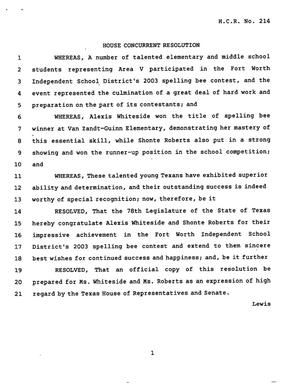78th Texas Legislature, Regular Session, House Concurrent Resolution 214