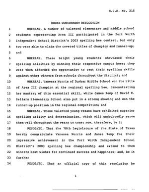 78th Texas Legislature, Regular Session, House Concurrent Resolution 215