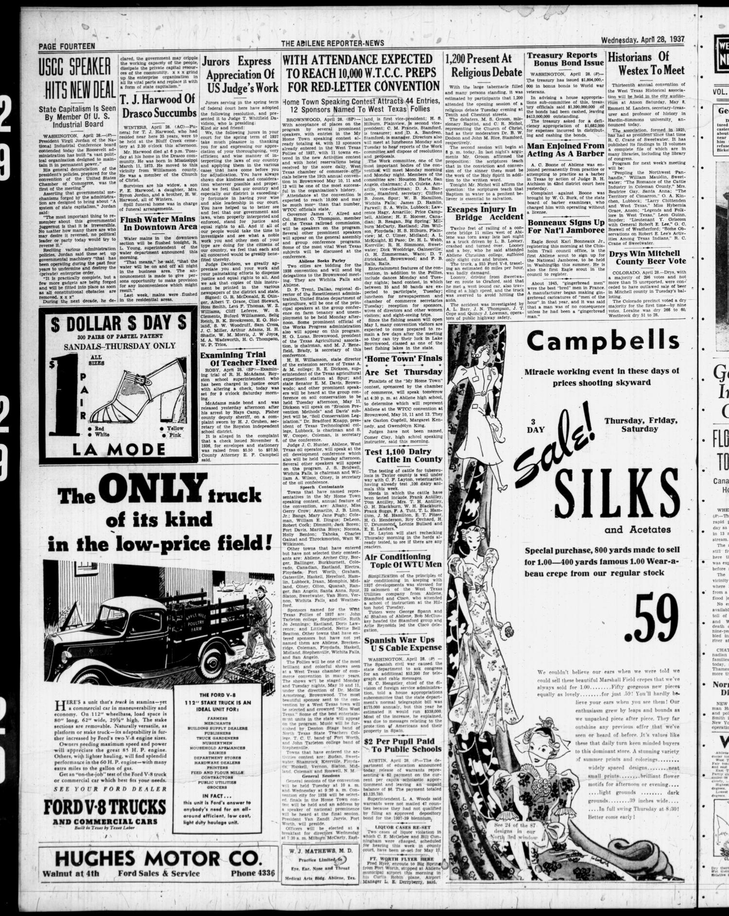 The Abilene Reporter-News (Abilene, Tex.), Vol. 56, No. 287, Ed. 2 Wednesday, April 28, 1937
                                                
                                                    [Sequence #]: 14 of 14
                                                