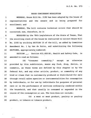 78th Texas Legislature, Regular Session, House Concurrent Resolution 273