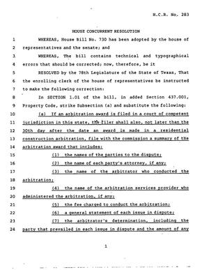 78th Texas Legislature, Regular Session, House Concurrent Resolution 283