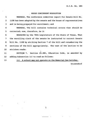 78th Texas Legislature, Regular Session, House Concurrent Resolution 285