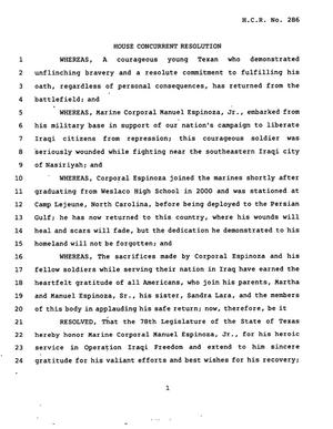 78th Texas Legislature, Regular Session, House Concurrent Resolution 286