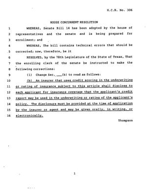 78th Texas Legislature, Regular Session, House Concurrent Resolution 306