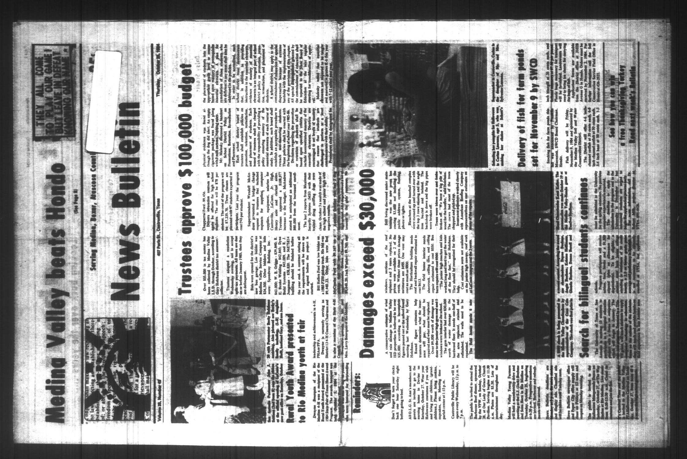 News Bulletin (Castroville, Tex.), Vol. 25, No. 43, Ed. 1 Thursday, October 25, 1984
                                                
                                                    [Sequence #]: 1 of 14
                                                