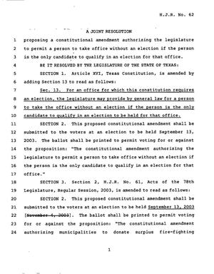 78th Texas Legislature, Regular Session, House Joint Resolution 62
