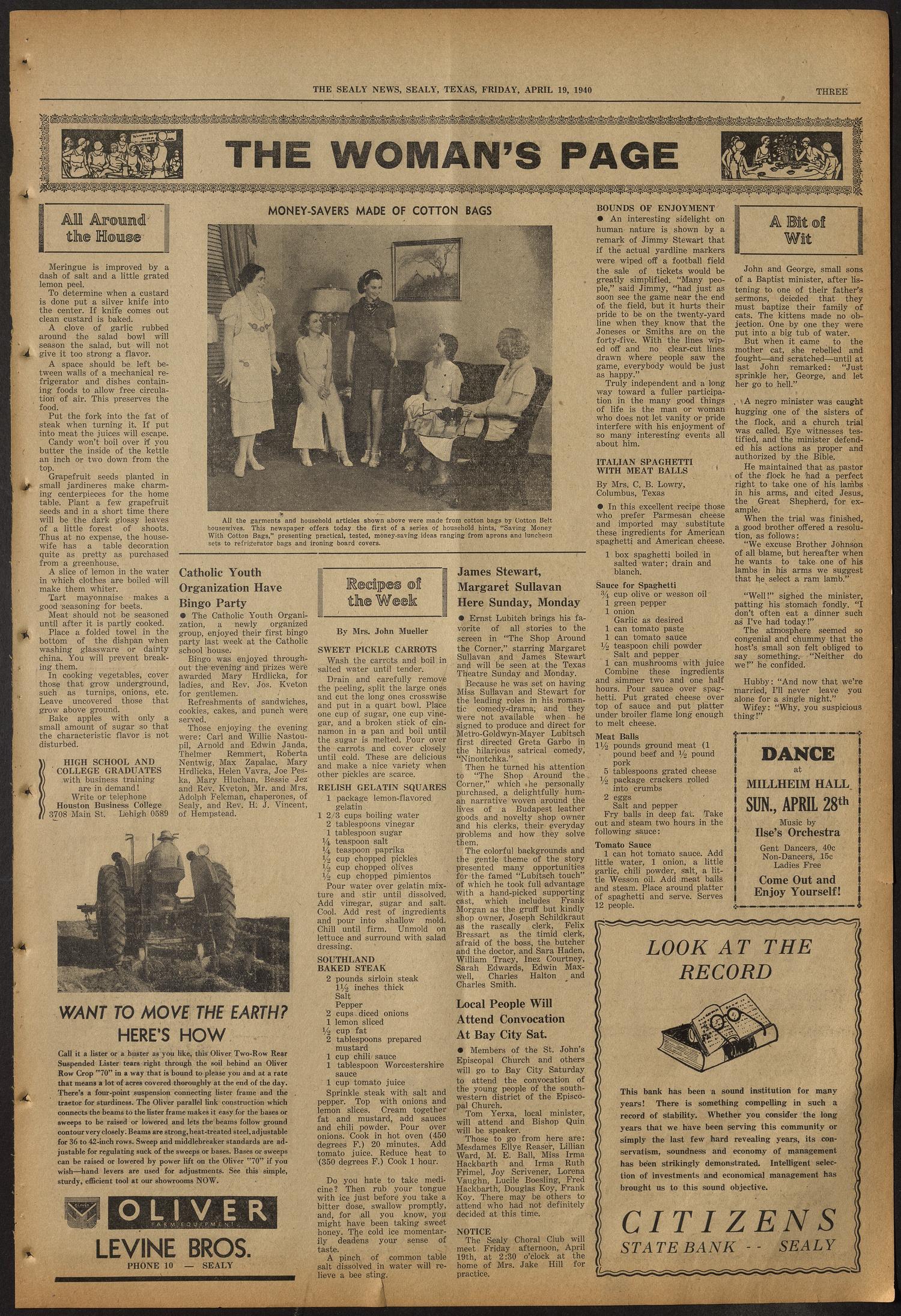 The Sealy News (Sealy, Tex.), Vol. 52, No. 6, Ed. 1 Friday, April 19, 1940
                                                
                                                    [Sequence #]: 3 of 8
                                                