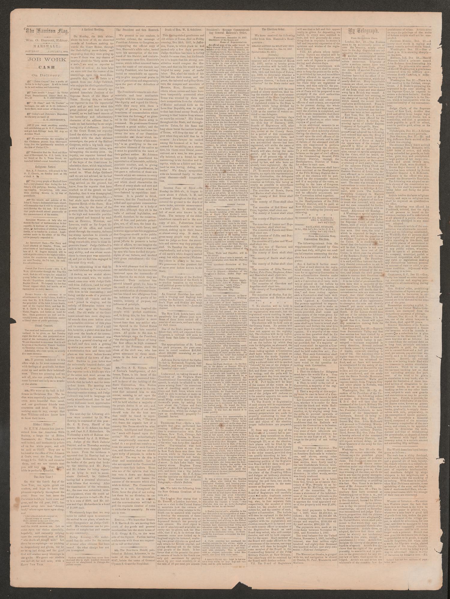The Harrison Flag. (Marshall, Tex.), Vol. 8, No. 8, Ed. 1 Saturday, January 4, 1868
                                                
                                                    [Sequence #]: 2 of 4
                                                