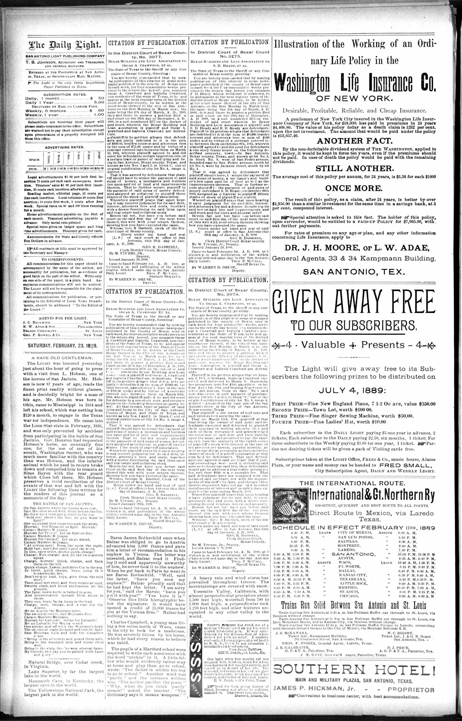 San Antonio Daily Light. (San Antonio, Tex.), Vol. 9, No. 30, Ed. 1 Saturday, February 23, 1889
                                                
                                                    [Sequence #]: 2 of 8
                                                