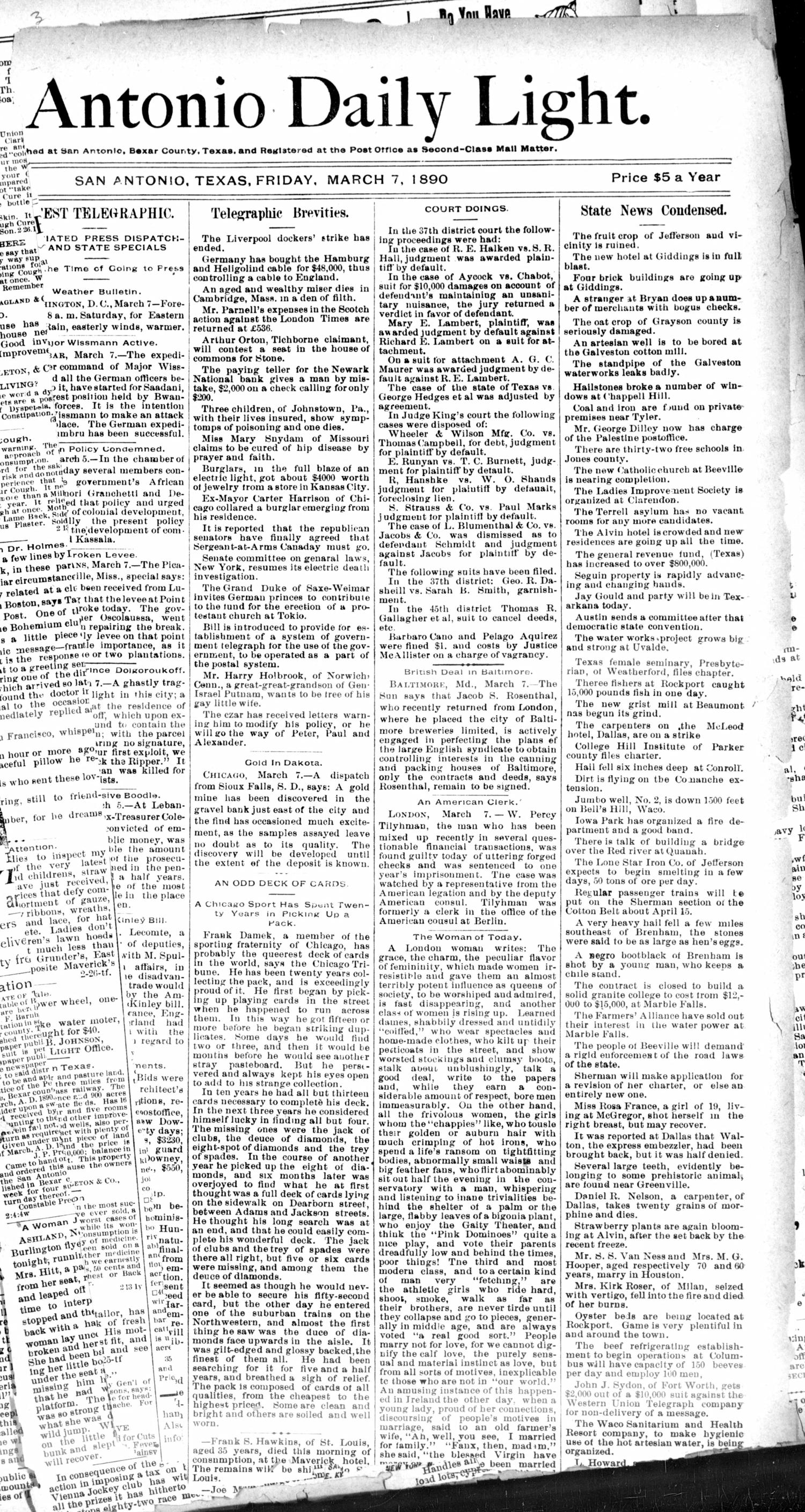 San Antonio Daily Light. (San Antonio, Tex.), Vol. 10, No. 37, Ed. 1 Friday, March 7, 1890
                                                
                                                    [Sequence #]: 1 of 8
                                                