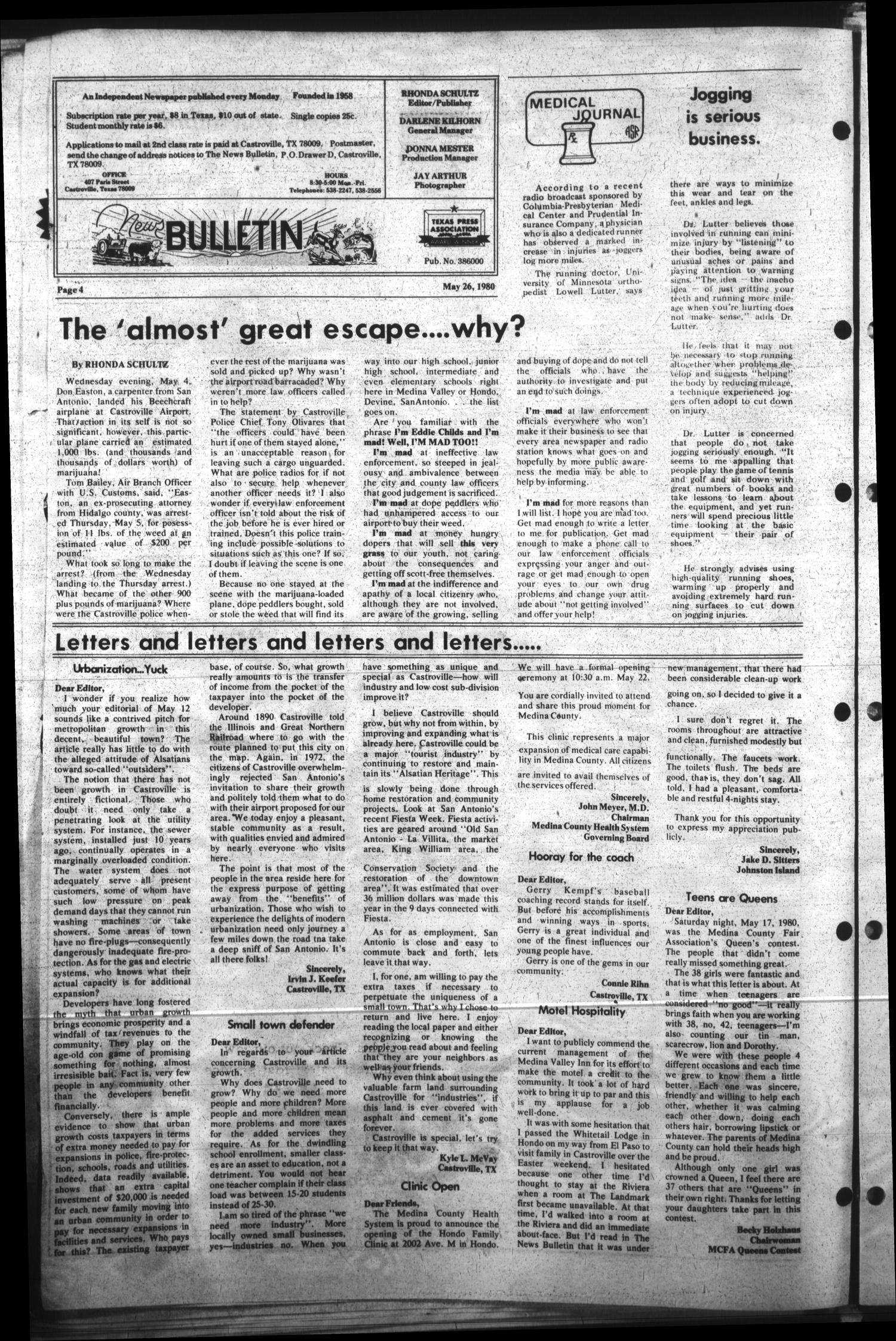 News Bulletin (Castroville, Tex.), Vol. 22, No. 21, Ed. 1 Monday, May 26, 1980
                                                
                                                    [Sequence #]: 4 of 35
                                                