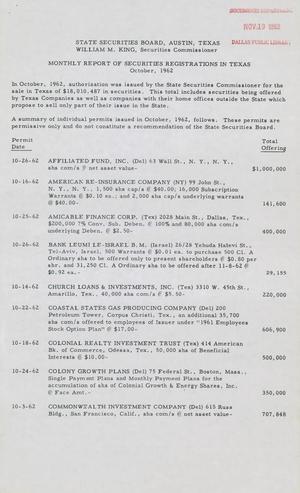 Texas State Securities Board Monthly Bulletin, October 1962