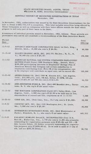 Texas State Securities Board Monthly Bulletin, November 1962