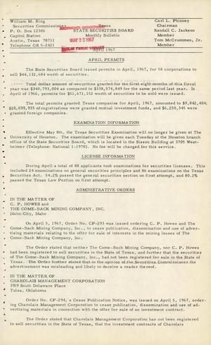 Texas State Securities Board Monthly Bulletin, April 1967