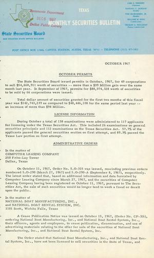 Texas Monthly Securities Bulletin, October 1967