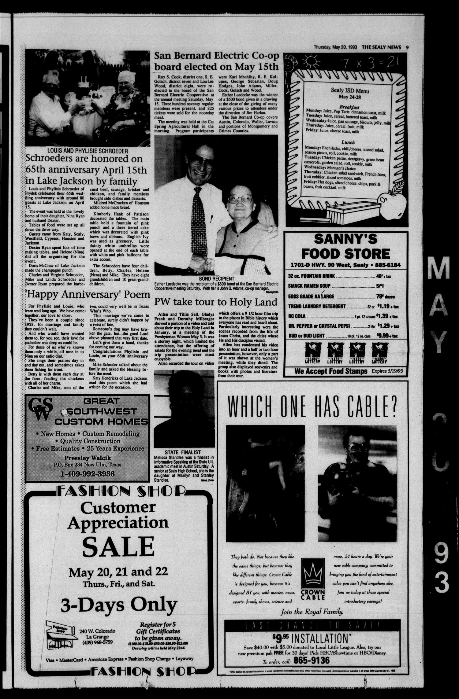 The Sealy News (Sealy, Tex.), Vol. 106, No. 11, Ed. 1 Thursday, May 20, 1993
                                                
                                                    [Sequence #]: 9 of 22
                                                