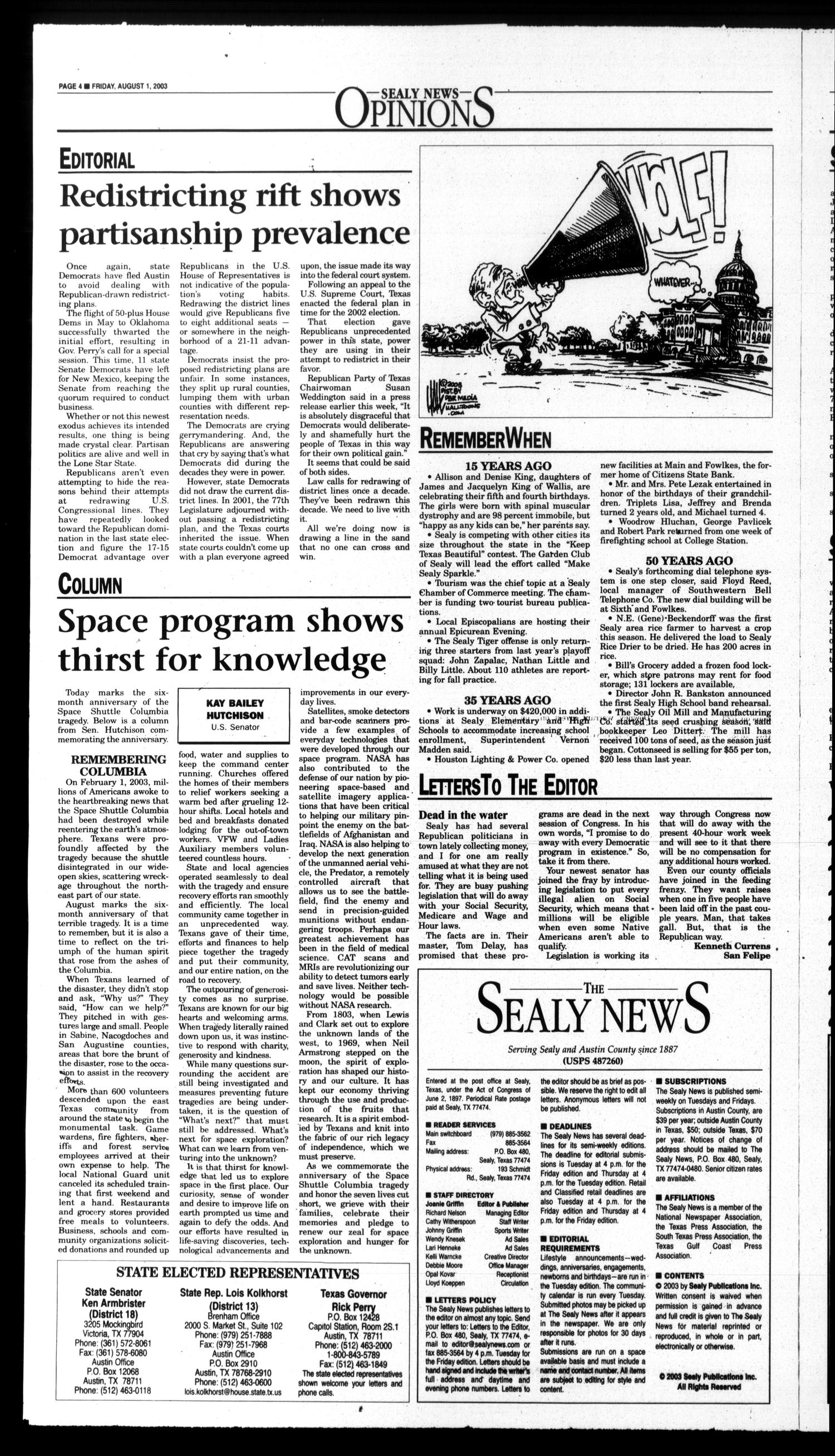 The Sealy News (Sealy, Tex.), Vol. 106, No. 61, Ed. 1 Friday, August 1, 2003
                                                
                                                    [Sequence #]: 4 of 16
                                                
