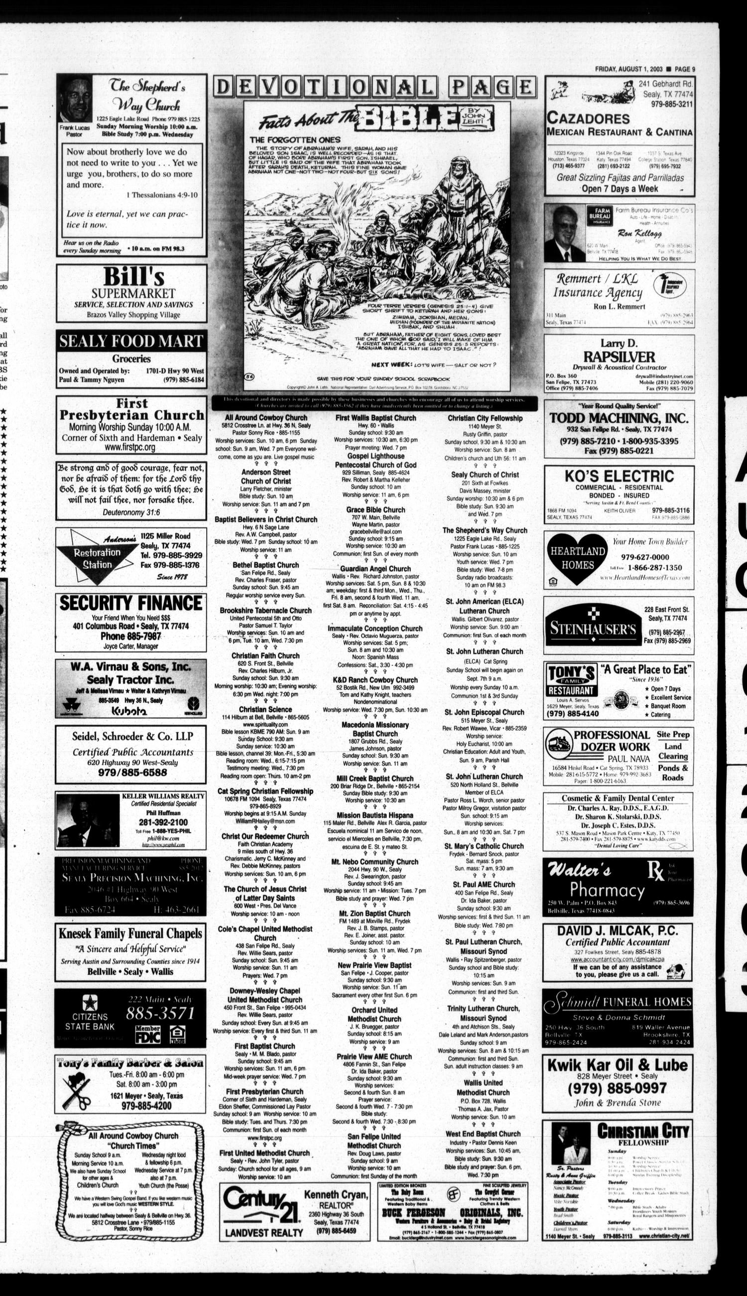 The Sealy News (Sealy, Tex.), Vol. 106, No. 61, Ed. 1 Friday, August 1, 2003
                                                
                                                    [Sequence #]: 9 of 16
                                                