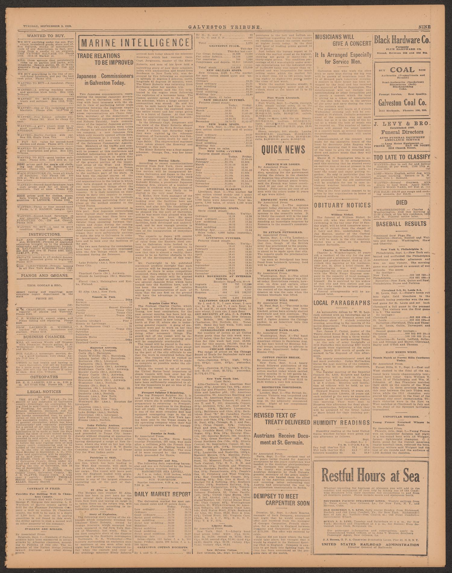 Galveston Tribune. (Galveston, Tex.), Vol. 39, No. 240, Ed. 1 Tuesday, September 2, 1919
                                                
                                                    [Sequence #]: 9 of 10
                                                