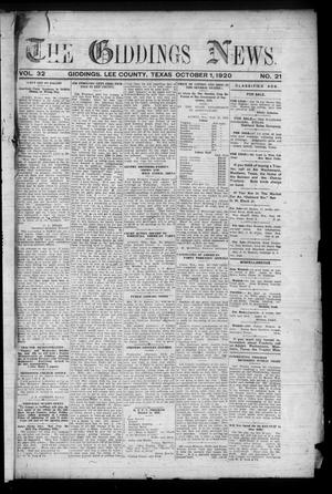 The Giddings News. (Giddings, Tex.), Vol. 32, No. 21, Ed. 1 Friday, October 1, 1920