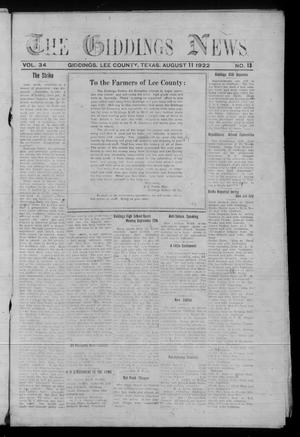 The Giddings News. (Giddings, Tex.), Vol. 34, No. 13, Ed. 1 Friday, August 11, 1922