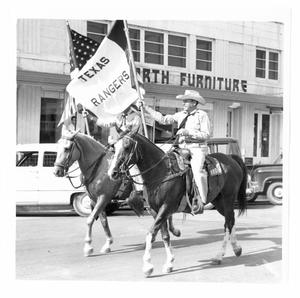 Primary view of object titled 'Mounted Texas Rangers in the Rodeo Parade'.