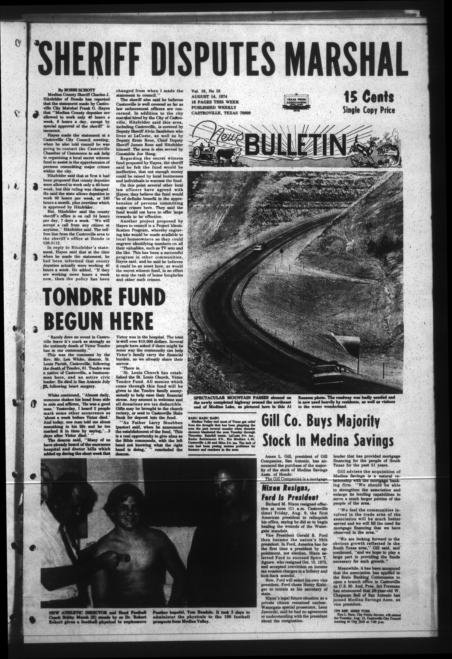 Medina Valley and County News Bulletin (Castroville, Tex.), Vol. 16, No. 18, Ed. 1 Wednesday, August 14, 1974
                                                
                                                    [Sequence #]: 1 of 16
                                                
