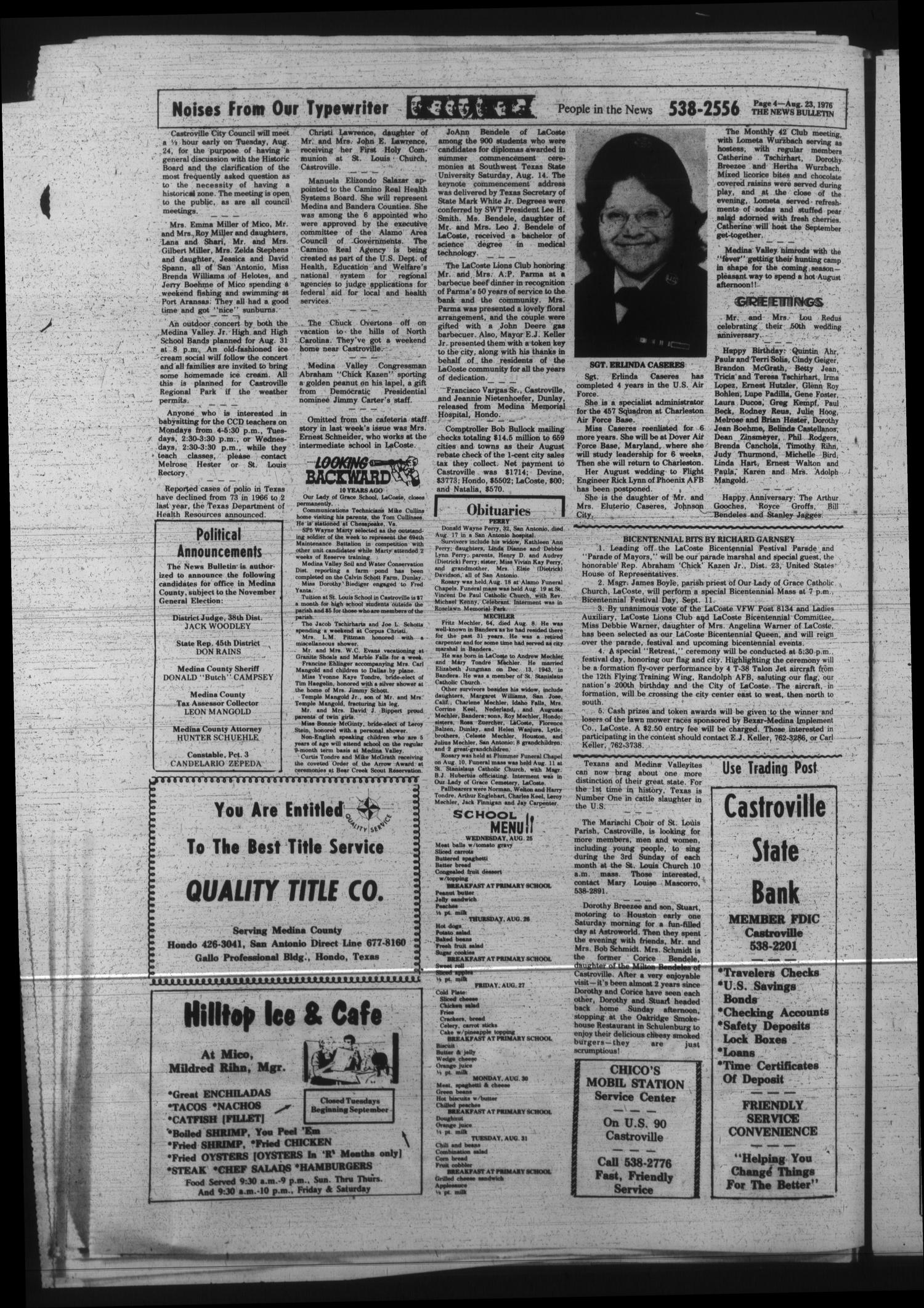 The Tri-County News Bulletin (Castroville, Tex.), Vol. 18, No. 20, Ed. 1 Monday, August 23, 1976
                                                
                                                    [Sequence #]: 4 of 20
                                                